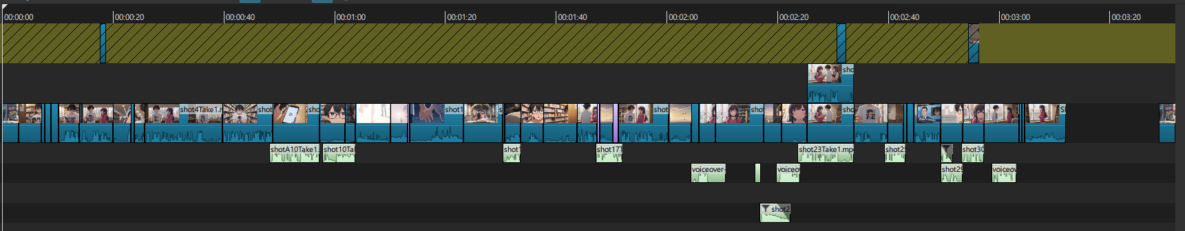 Video editor timeline for the first rough draft of an episode